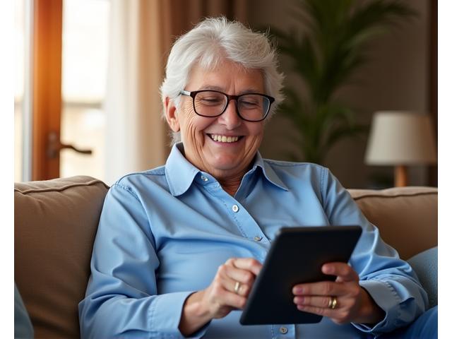 Persona mayor sonriendo con confianza mientras revisa un documento financiero con el título 'APV' en una tableta, simbolizando la planificación para el retiro.