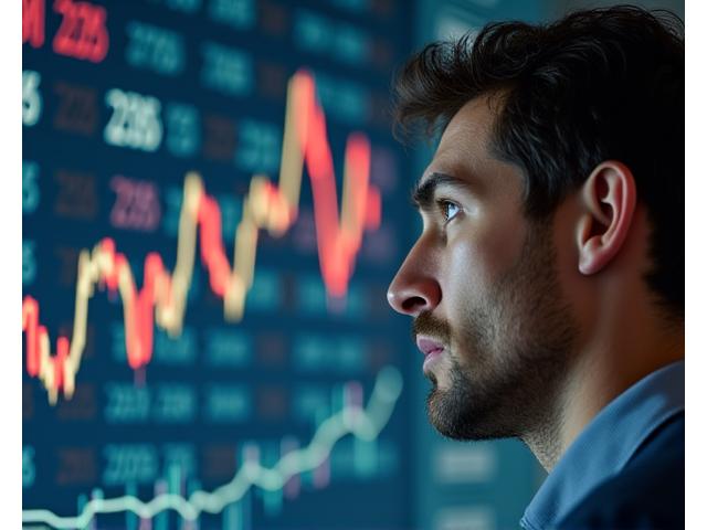 Persona confundida frente a un gráfico de inversiones que muestra números complejos y flechas, representando errores comunes al invertir por primera vez.
