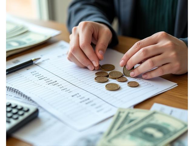 Manos organizando monedas y billetes sobre una hoja de presupuesto con columnas para ingresos y gastos, un bolígrafo y una calculadora cerca.