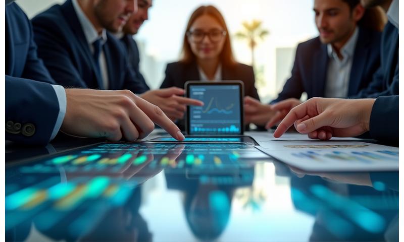 Visión general de servicios financieros con gráficos y manos colaborando